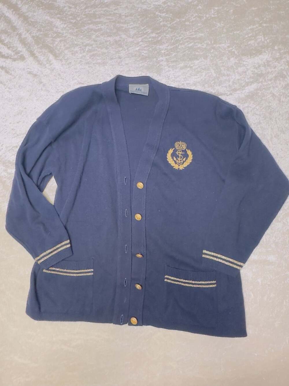 Bay Point Threads Cardigan Sweater Navy Gold Nautical Crest